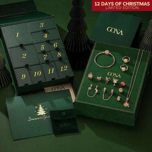 gona- Limited Edition - The Iconic Advent Calendar - 12 Days Of Christmas Fine Jewelry Gift Set: Sterling Silver Santa's Sleigh Charms Earrings and Necklace and Bracelet Set With Enamel In 14K Gold Plated