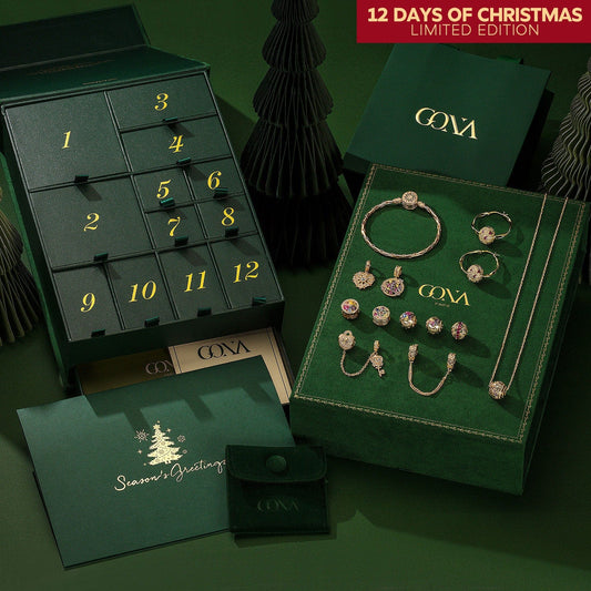 gona- Limited Edition - The Iconic Advent Calendar - 12 Days Of Christmas Fine Jewelry Gift Set: Sterling Silver Petal Delight Charms Earrings and Necklace and Bracelet Set With Enamel In 14K Gold Plated