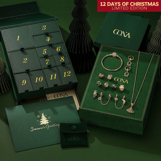 gona- Cyber Monday Limited Special - The Iconic Advent Calendar - 12 Days Of Christmas Fine Jewelry Gift Set: Sterling Silver Evergreen Cheer Charms Earrings and Necklace and Bracelet Set With Enamel In 14K Gold Plated