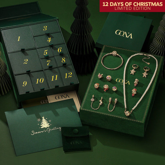 gona- Limited Edition - The Iconic Advent Calendar - 12 Days Of Christmas Fine Jewelry Gift Set: Sterling Silver Festive Hearts Charms Earrings and Necklace and Bracelet Set With Enamel In 14K Gold Plated