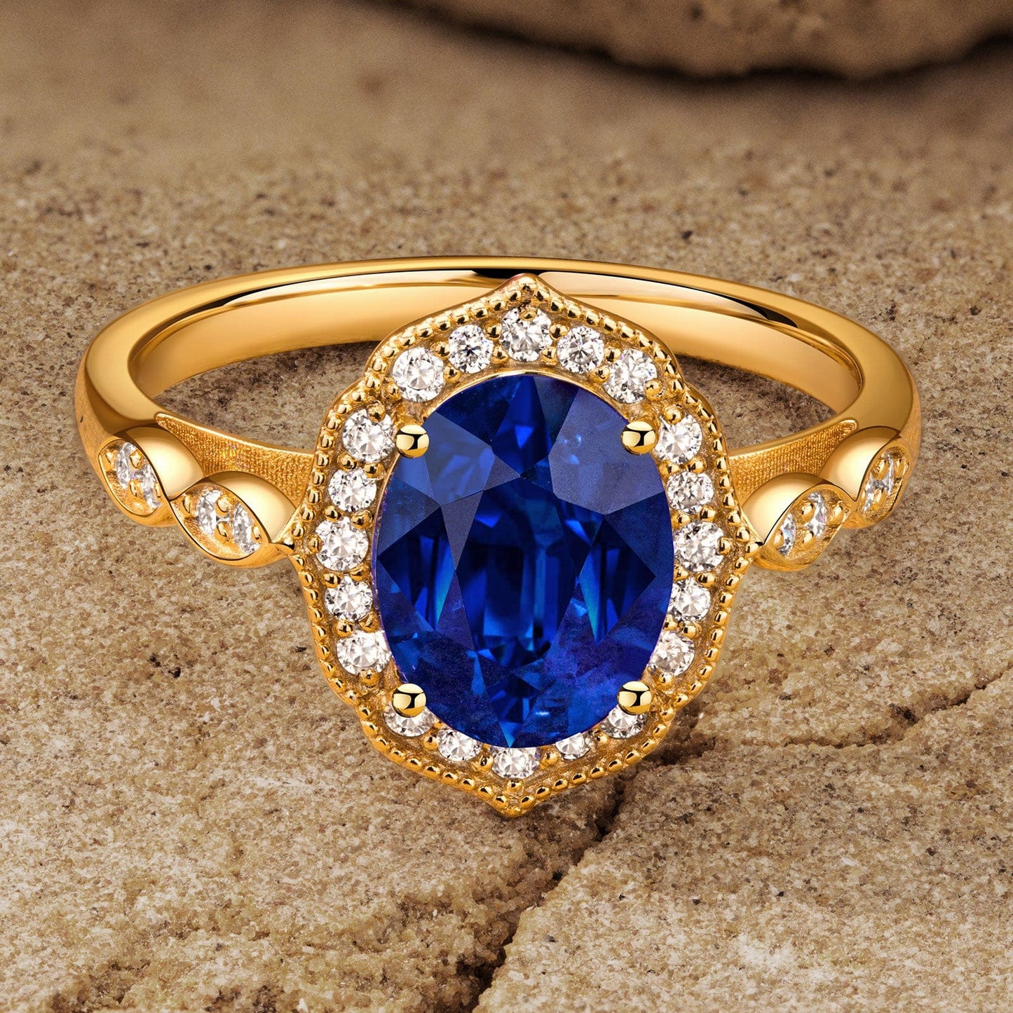 Oval Brilliant Cut Royal Blue Hue Lab-Certified Blue Sapphire - Halo Classic Engagement Ring 14K Yellow Gold Plated (Includes GRC Certification from Gemstone Research Center)