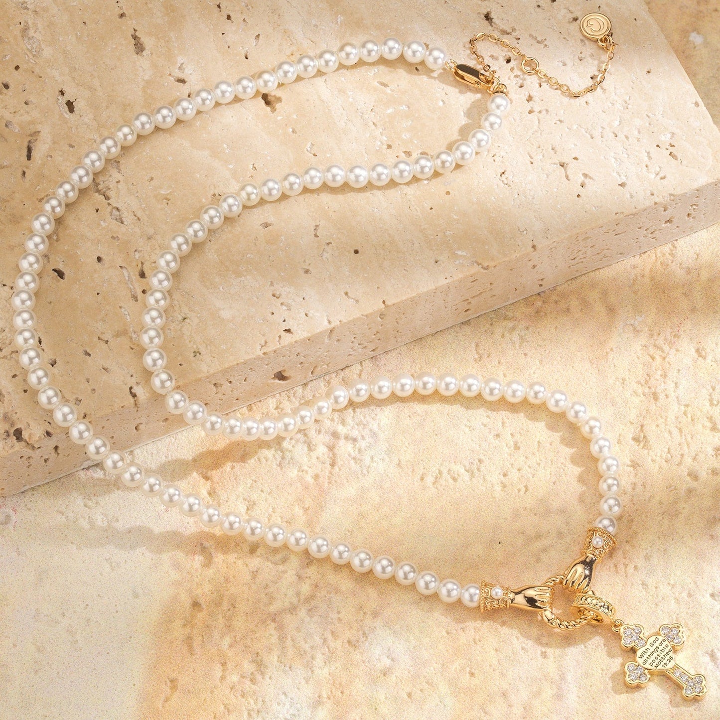 God's Cross Tarnish-resistant Silver Pearl Necklace Set In 14K Gold Plated