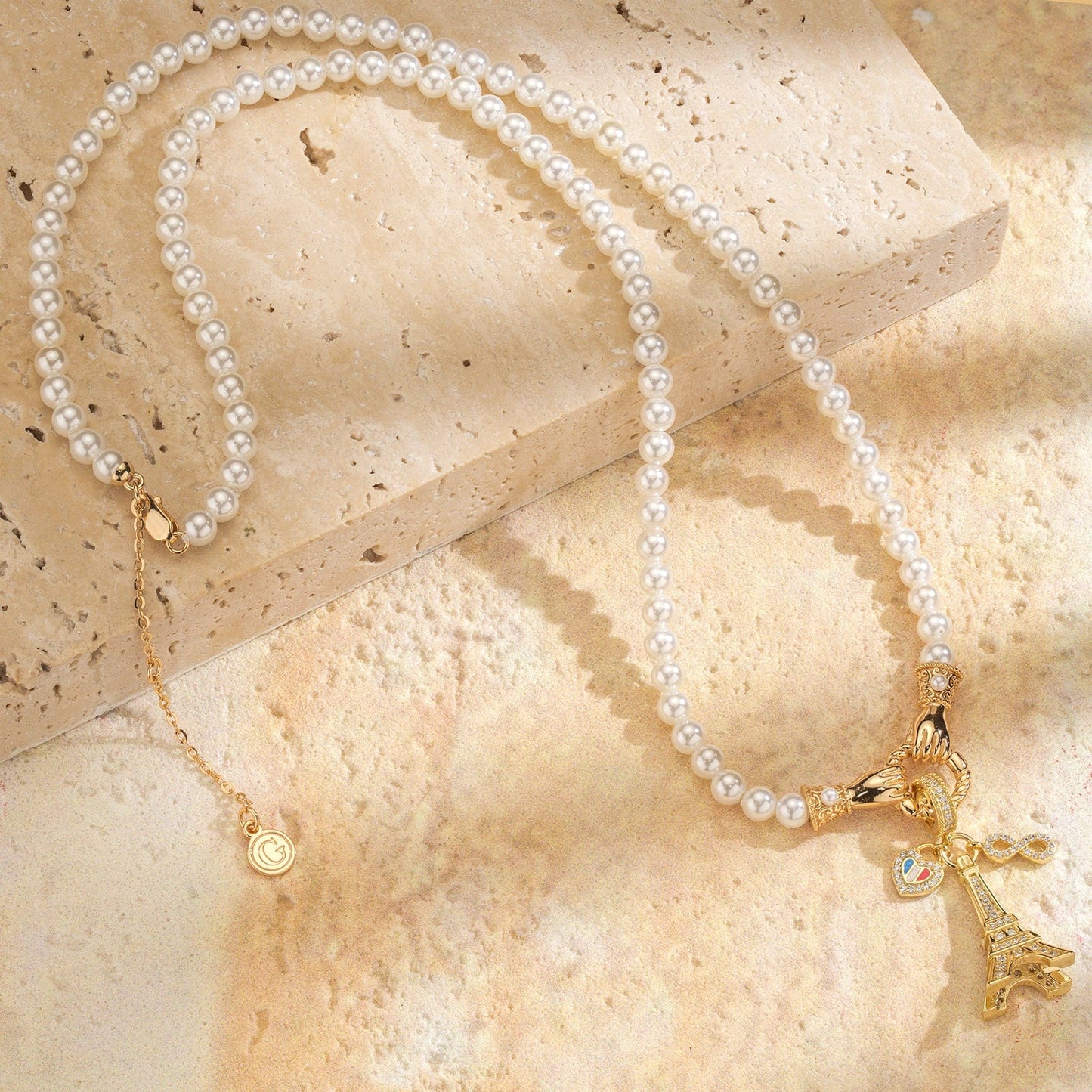 Eiffel Flair Tarnish-resistant Silver Pearl Necklace Set With Ename lIn 14K Gold Plated