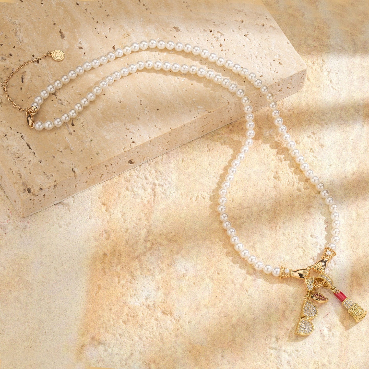 Effortless Chic Tarnish-resistant Silver Pearl Necklace Set With Ename lIn 14K Gold Plated
