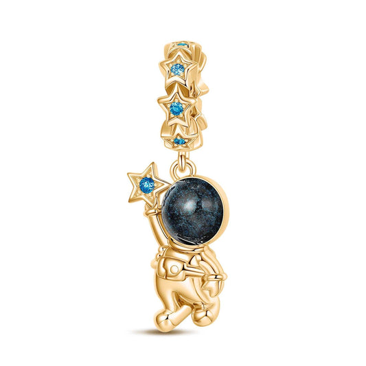 gona- Astronaut Picking Stars Tarnish-resistant Silver Dangle Charms With Enamel In 14K Gold Plated - GONA