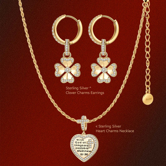 gona- Sterling Silver Clover Heart Charms Necklace and Earrings Set With Enamel In 14K Gold Plated