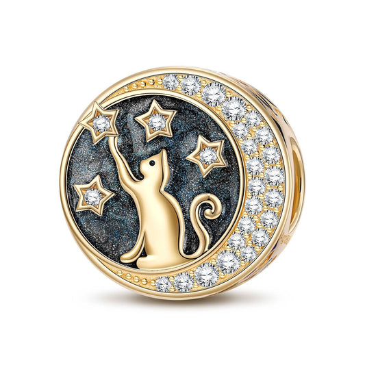 gona- Cat Picking Stars Tarnish-resistant Silver Charms With Enamel In 14K Gold Plated - GONA
