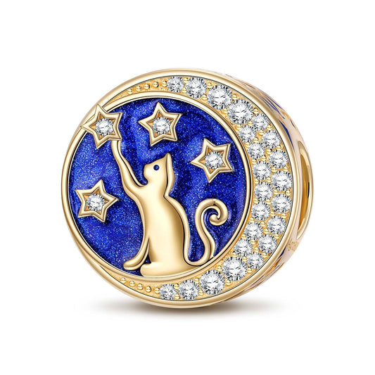 gona- Cat Picking Stars Tarnish-resistant Silver Charms With Enamel In 14K Gold Plated - GONA
