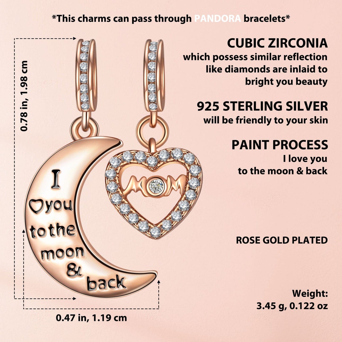 Sterling Silver Moon & Love To Mom Dangle Charms With Enamel In Rose Gold Plated